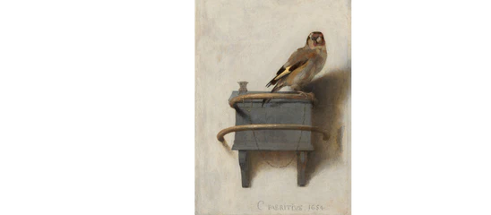 The Goldfinch (Dutch: Het puttertje) (1654). Oil on panel, 33.5 x 22.8 cm (13.2 in × 9.0 in). Mauritshuis, The Hague. Public Domain