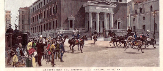 Madrid. — Inauguración del nuevo edificio de la Real Academia Española. Alrededores del edificio a la llegada de SS. MM., en la revista La Ilustración Española y Americana. - 1894